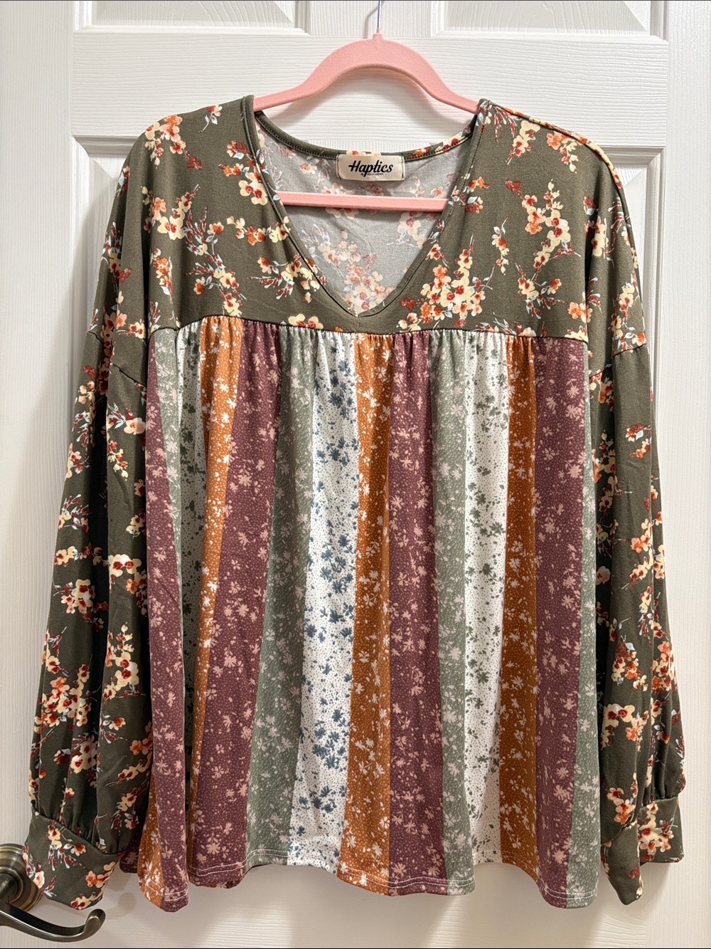 Fall Mixed-Print V-Neck Long Sleeve Large